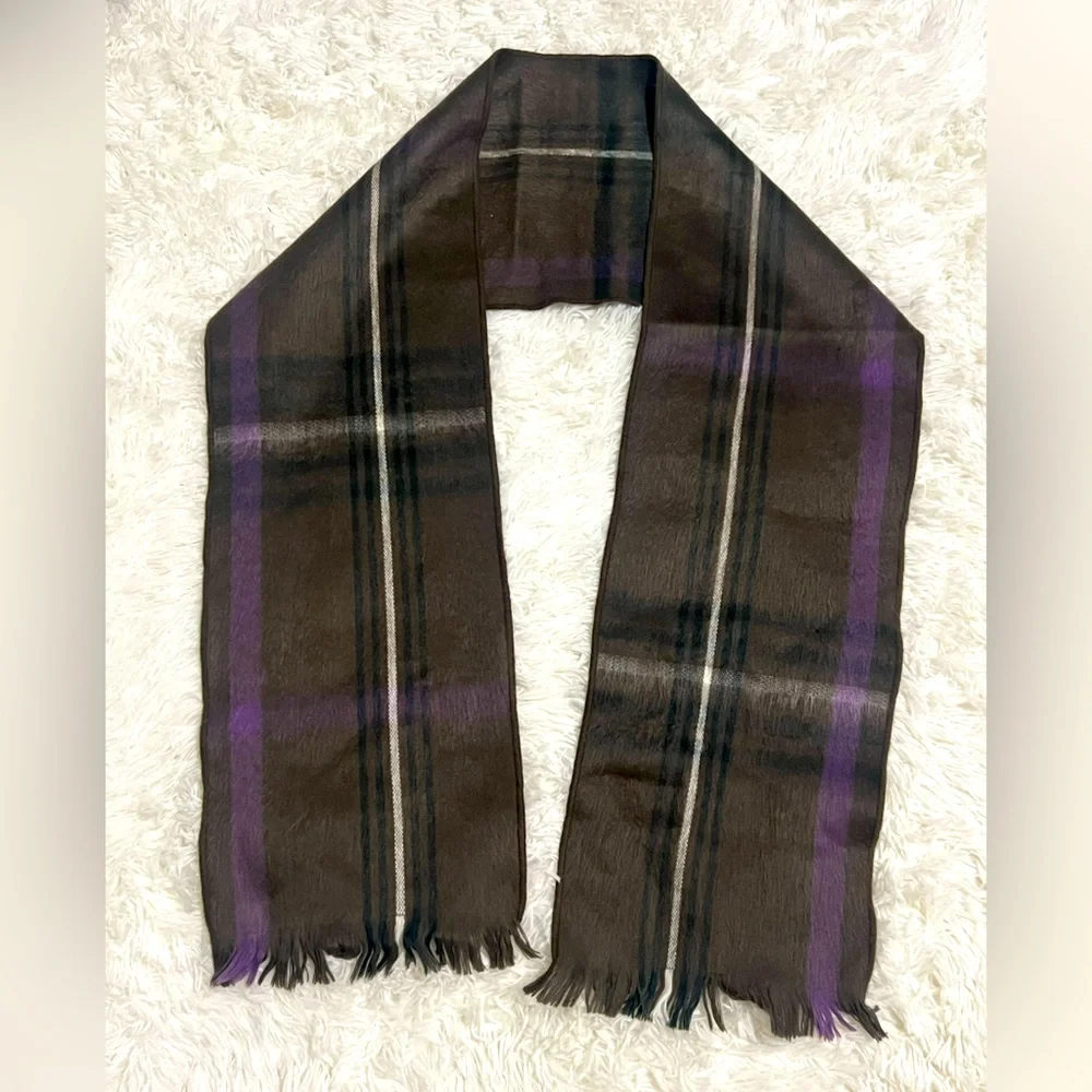 Shupaca Alpaca Scarf Brown Purple Plaid Fringe Handmade Ecuador Soft Winter Wrap